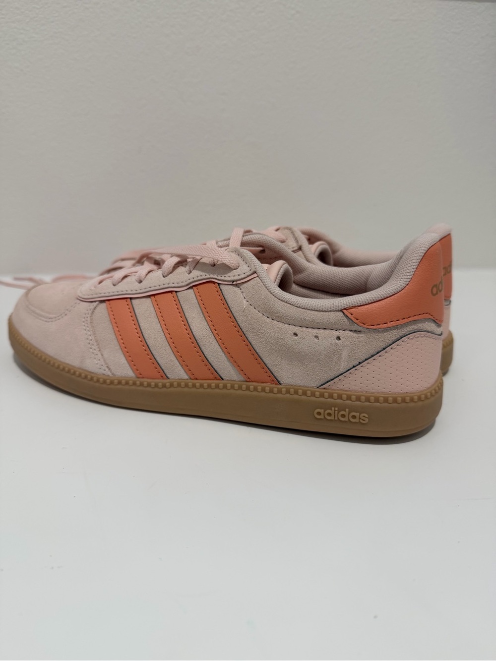 adidas Women’s Light Pink Suede Sneakers with Orange Stripes - Picture 2 of 5